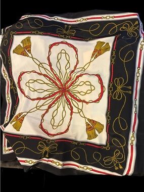 Vintage Silk Tassel & Rope Print Square Scarf - Navy, Cream, Gold, Red